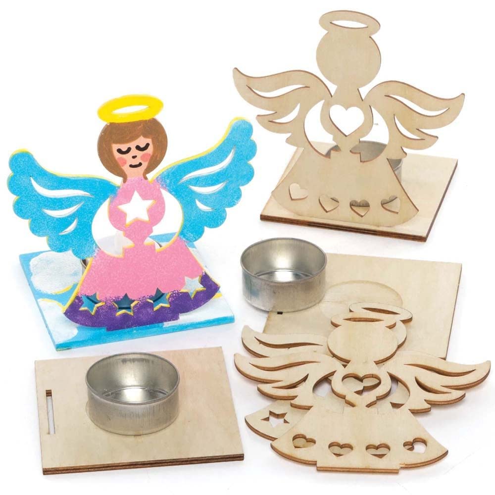 Baker Ross FE926 Angel Wooden Tealight Kits - Pack of 4, Tealight Holder to Decorate and Display, Wooden Crafts for Children, Ideal Kids Arts and Crafts Project