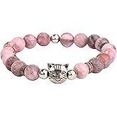 Mikovivi Pink Cat Stone Bracelet with Greeting Card, Cat Healing Charm Spiritual Protection Beaded Bracelet Jewelry for Women Good Luck Gift