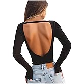 SHENHE Women's Open Back Scoop Neck T Shirt Sexy Long Sleeve Solid Fitted Going Out Tees