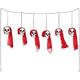 Dusk&Decorum 6 Pirate Skull Heads Halloween Decorations on String, Hanging Skull Decor with Red Bandanas, Skeleton Decorations for Halloween, Scary Garland for Haunted House Porch Graveyard