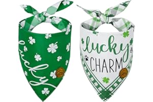 CROWNED BEAUTY St Patricks Day Dog Bandanas Large 2 Pack, Lucky Charm Set, Plaid Shamrocks Clovers Tartan Adjustable Triangle Holiday Reversible Green Scarves for Medium Large Extra Large Dogs Pets