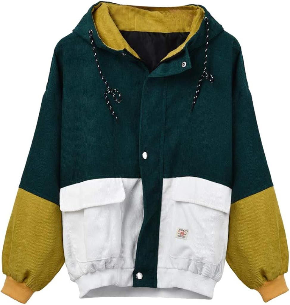 corduroy color block drawstring hooded jacket