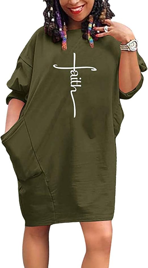 Women Faith Loose Oversize T Shirt Dresses with Pockets Baggy Causal