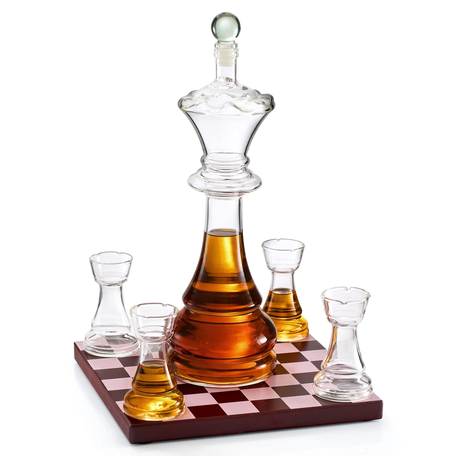Photo 1 of New Chess Decanter Set by The Wine Savant - Queen Chess Decanter 750ml 12" H With 4 Rook Shot Glasses 4oz - Queen's Gambit, Chess Player Gifts, Whiskey, Wine Lovers Gifts for Dad…