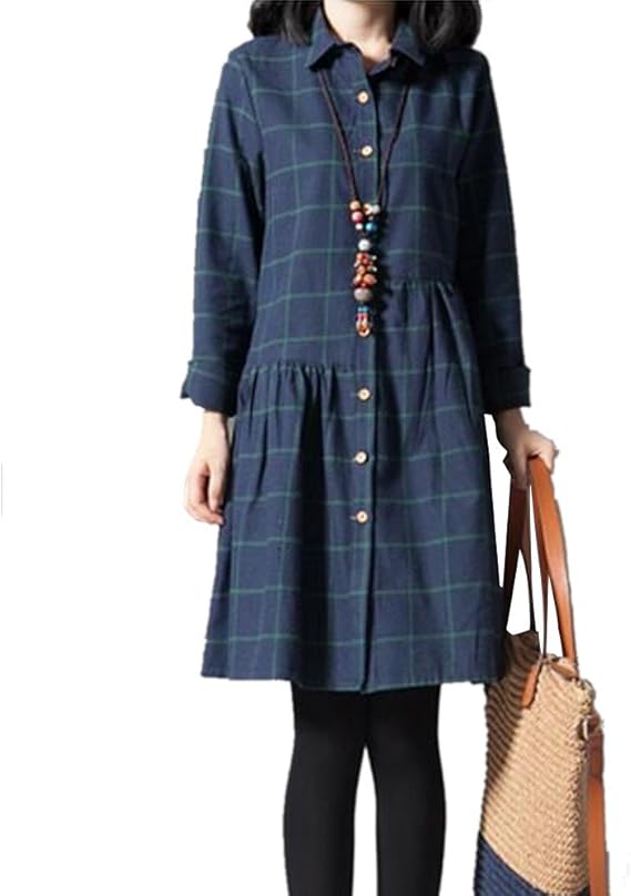 Amazon Co Jp ワンピース シャツワンピ チェック柄 ブラウス ゆる 春夏緑s 02ed Xl 服 ファッション小物