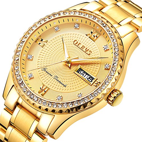 Gold Watches for Men Diamond Luxury Stainless Steel Date Analog Quartz