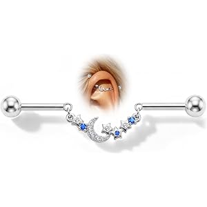COCHARM 14g Moon and Star Chain Industrial Bar Piercing Jewelry Gold Silver | 38mm Dangle, Surgical Steel, Industrial Barbell