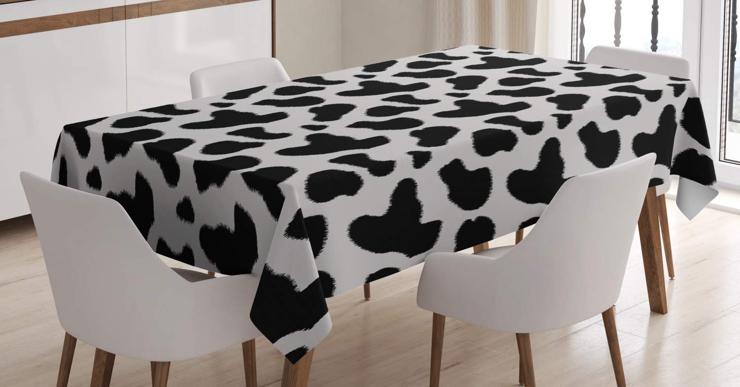 ABAKUHAUS Cow Print Tablecloth, Animal Hide Pattern Spots Farm Life Cattle Camouflage Animal Skin, Dining Room Kitchen Table Cover, 54" x 94", Charcoal Grey White