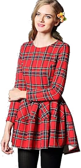 ワンピース タータンチェック 格子 チェック ウール ドレス ミニスカート デート カジュアル キュート エレガンス レディース 秋物 冬物 可愛いスカーフ付き R491 パーティードレス 通販 Amazon