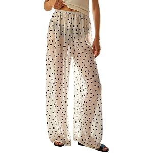Adoeren Women Sexy See Through Chiffon Pants Wide Leg Loose Sheer Mesh Y2k Polka Dot Summer Beach Cover Up Palazzo