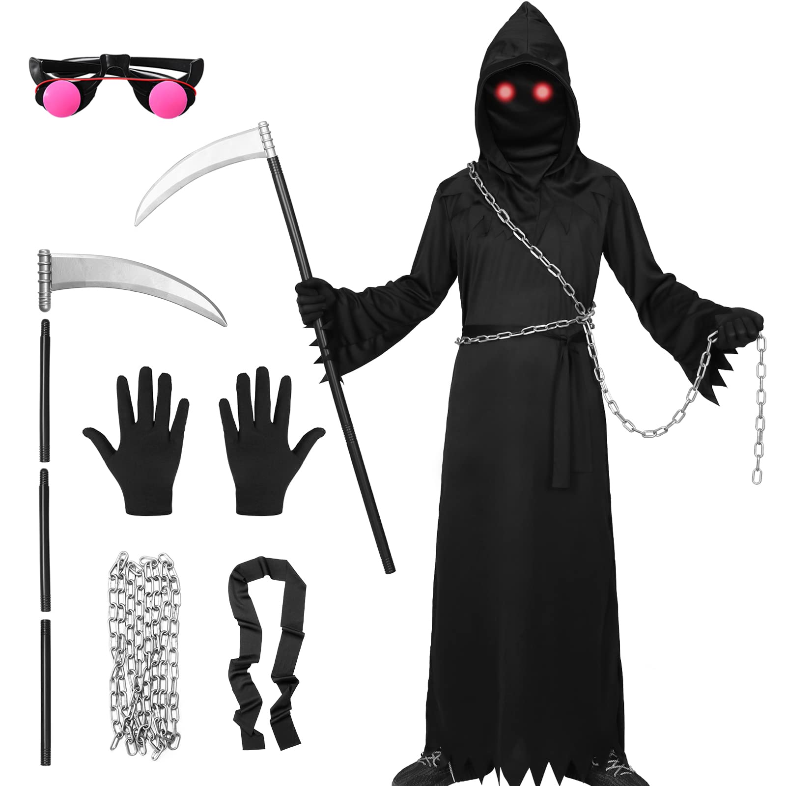 Alaiyaky Grim Reaper Costume for Kids, Men - Halloween Outfit with Scythe, Chain, Glasses, Belt, Gloves - Scary Halloween Party Costume (Kids, 10-12 Y)