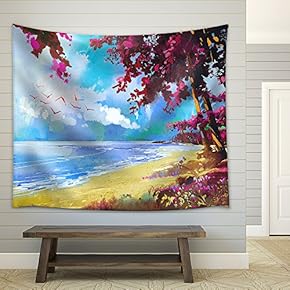 Pink Trees on The Beach,Summer,Landscape Illustration - Fabric Wall Tapestry Home Decor - 51x60 inches