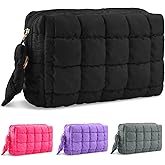 Puffer Quilted Makeup Bag Cosmetic Bags,Puffy Travel Toiletry Pouch for Women,Cute Checkered Zipper Bag Travel Essential,Portable Aesthetic Make up Organizer Bag for Gifts Work Daily(Black,M)