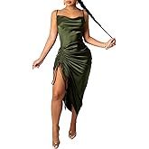 xxxiticat Women's Spaghetti Strap Satin Dress Sleeveless Cowl Neck Draped Slit Lace Up Drawstring Ruched Cocktail Midi Dress