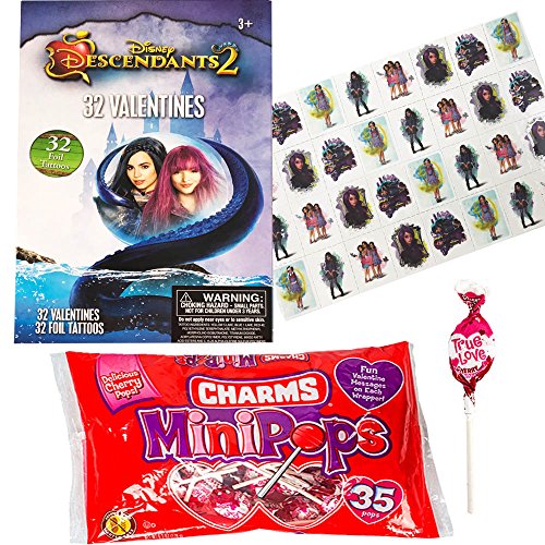 Disney Descendants 2 - 32 Valentine Cards With Foil Tattoos and Charms Lollipops Classroom Exchange Bundle
