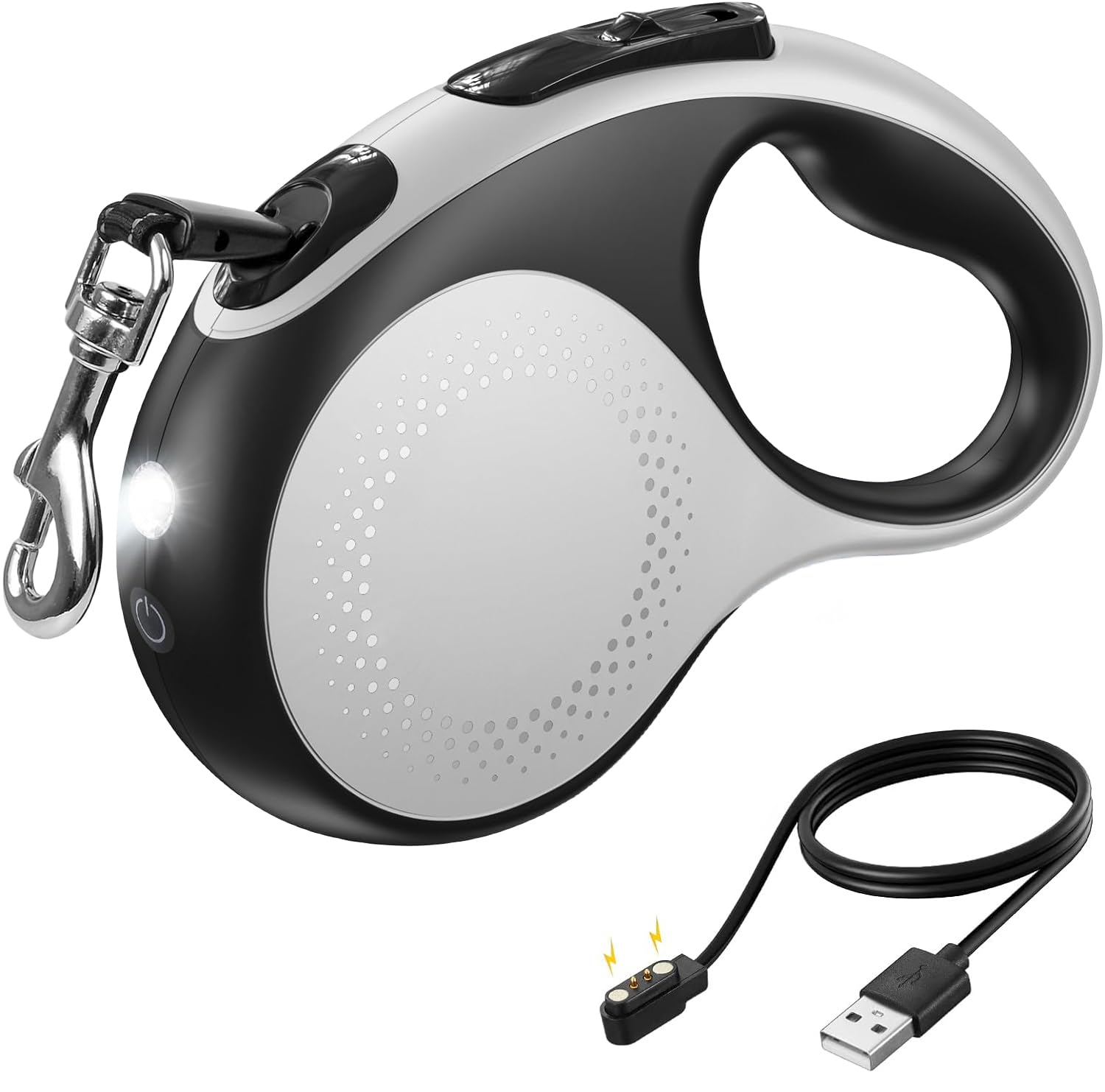 Extendable Dog Lead with LED Light, 5M/16.4ft Retractable Dog Leash Heavy Duty Extension Dog Lead with Anti-Slip Handle and Quick Brake Button for Large Dogs Up to to 110lbs/50kg (White)