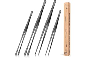 4 Pcs Fine Long Tweezer Tongs Professional Black, 12'' and 10'' Stainless Steel for Kitchen, Food, Cooking, Repairing, Sea Fo