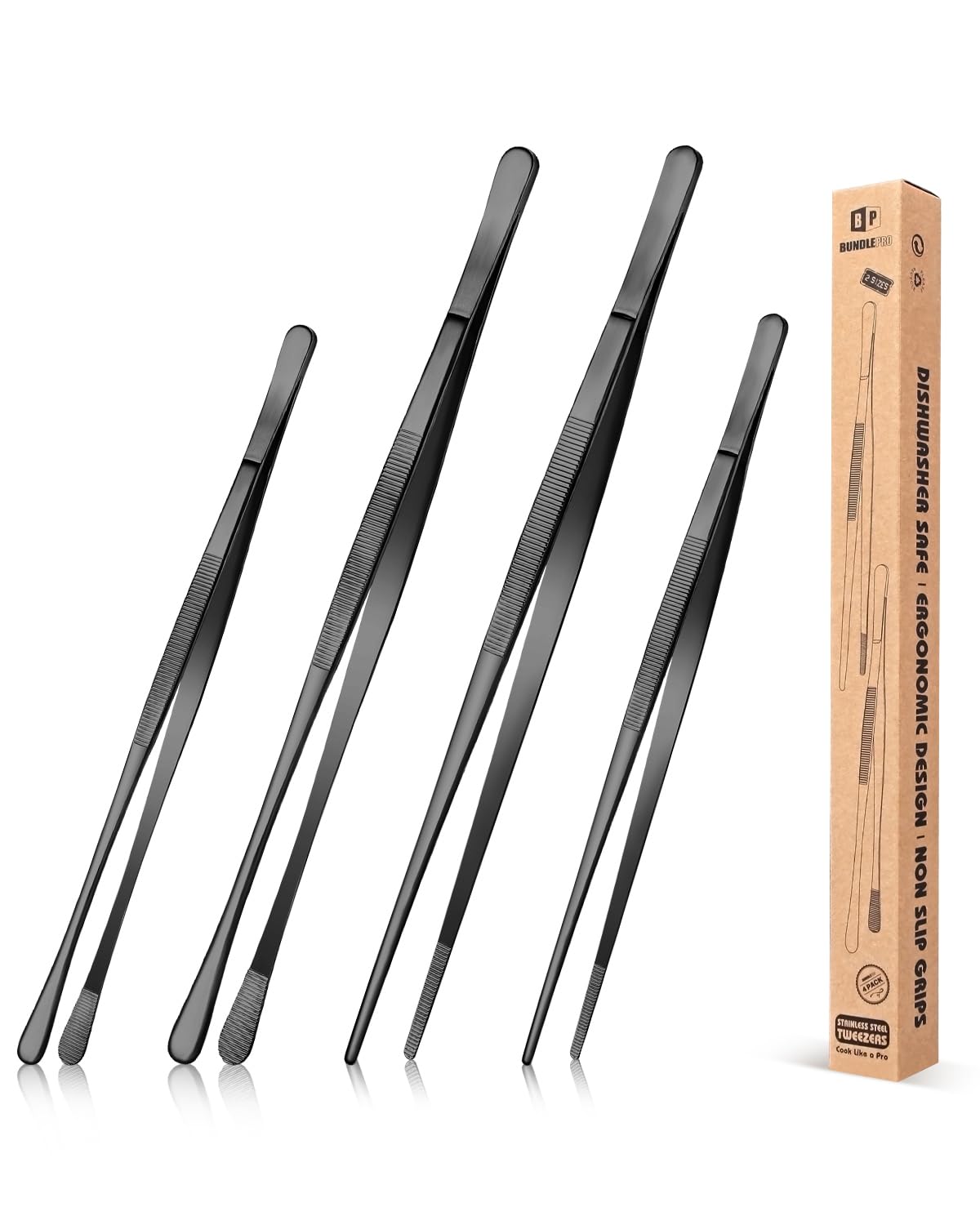 Photo 1 of 4 Pcs Fine Long Tweezer Tongs Professional Black, 12'' and 10'' Stainless Steel for Kitchen, Food, Cooking, Repairing, Sea food and BBQ