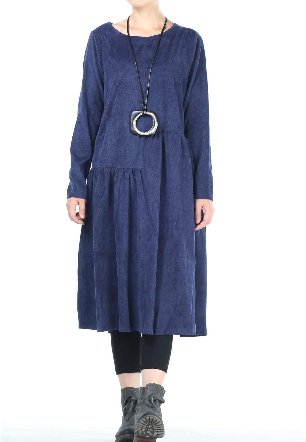 Mordenmiss Women’s Corduroy Pleated Dresses Swing Long Sleeve Dress with Pockets at  Women’s Clothing store