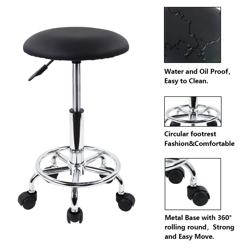 KKTONER Swivel Rolling Stool with Footrest Height Adjustable PU Leather Salon Vanity Spa Massage Office Stool Chair Small (Black): Kitchen & Dining