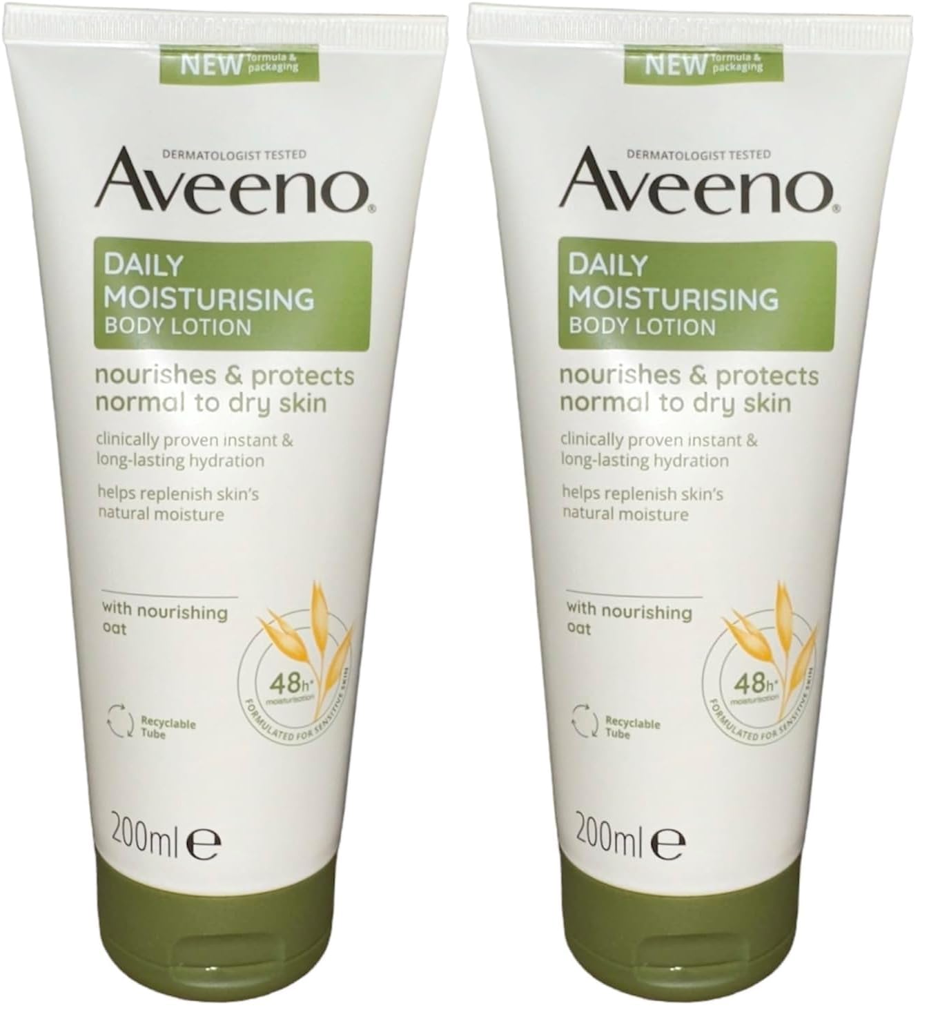 Aveeno Daily Moisturising Body Lotion, With Soothing Oats & Rich Emollients, Suitable For Sensitive Skin, Nourishes and Protects Normal to Dry Skin, Fragrance Free, 200ml (Pack of 2)