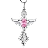 Jiahanzb Angel Wing Cross Necklace for Women 925 Sterling Silver Gemstone Pendant Birthstone Religious Jewelry for Mom,Chain 18inch