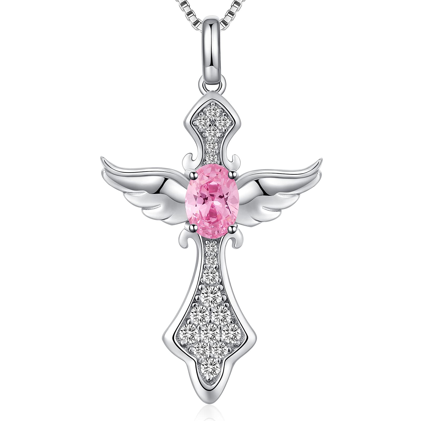 Jiahanzb Sterling Silver Angel Wing Birthstone Cross Pendant Necklace for Women Diamond Crosses Necklaces Pink CZ Chain Jewelry Men October Birthday