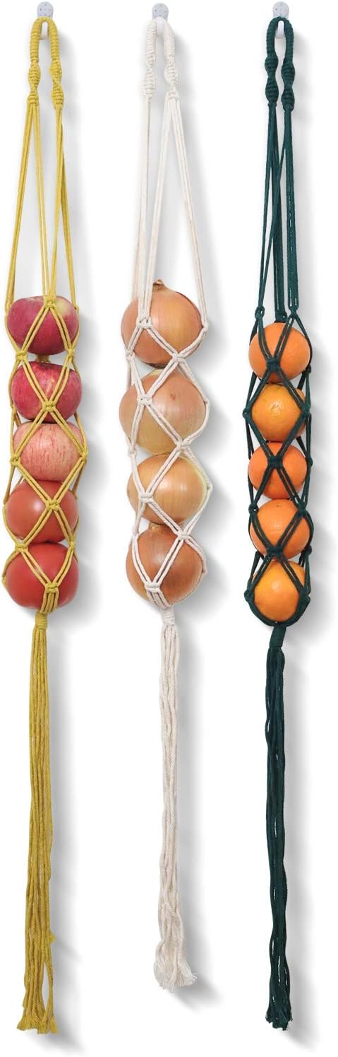 Taykoo Wall Hanging Fruit Basket Bohemian Decor Hanging Basket Potato Fruit Onion Vegetable Organizers Kitchen Macrame Wall Storage Set of 3