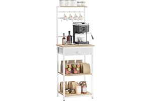 YMYNY 5 Tier Coffee Bar Station, Coffee Stand with Fabric Drawers, 8 S-Shaped Hooks, Corner Bar Cabinet, Height Adjustable, Bakers Rack for Kitchen, Living Room, Natural HBR009R