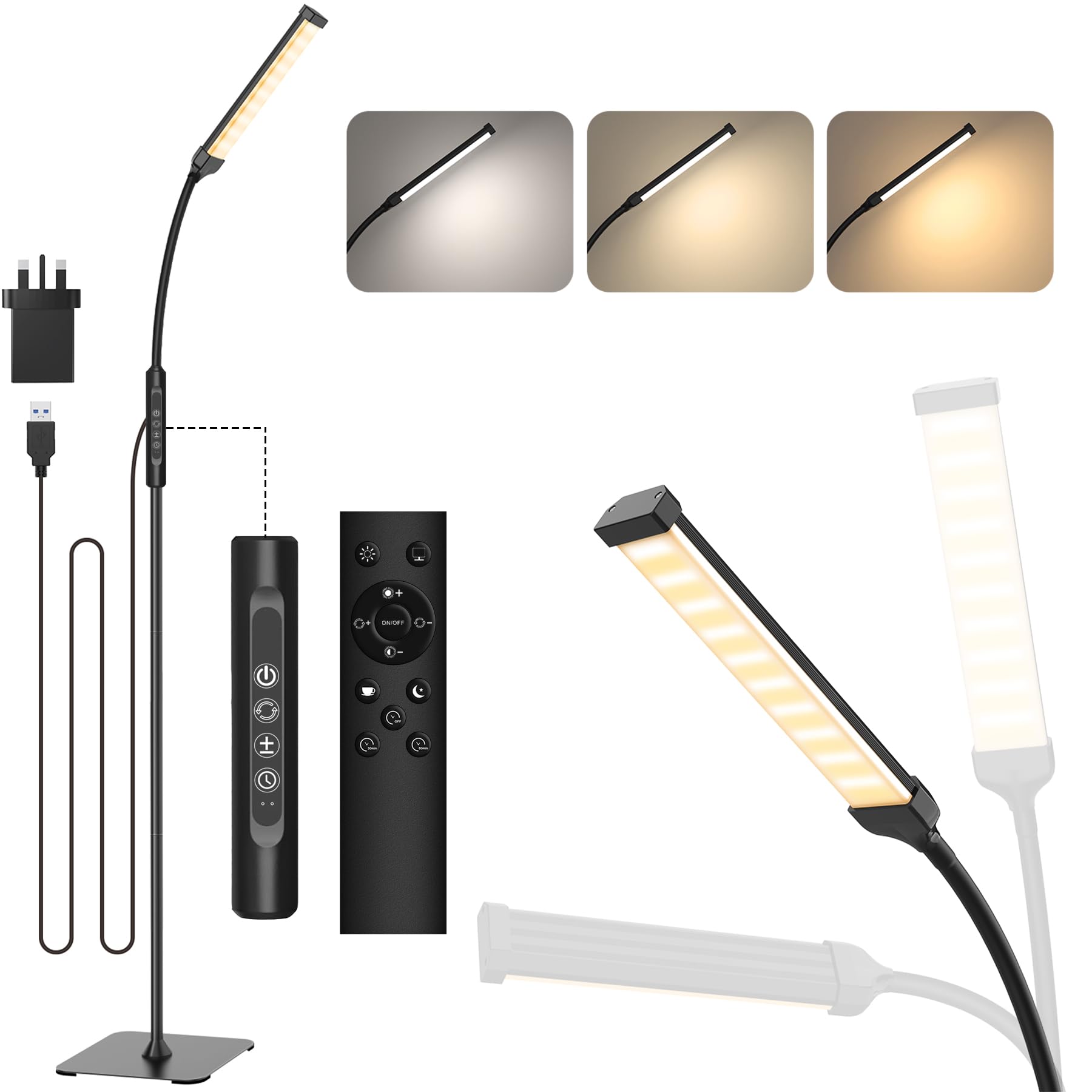 Mojimdo LED Floor Lamp with Remote, Touch Control Bright Floor Lamps, Dimmable 3 Color Modes&10 Brightness Standing Lamp, Flexible Arm Reading Lamp for Living Room Bedroom Office-USB Adapter Included
