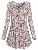 Miusey Long Sleeve T Shirt Women, Ladies Clothes Crew Neck Loose Fitting Draped Blouse Knitted Dressy Floral Pattern Tunic Tops Red L