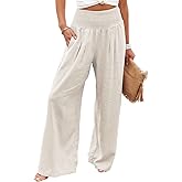 chouyatou Women's Smocked High Waisted Cotton Linen Wide Leg Pants Palazzo with Pockets