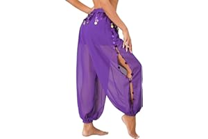 YOOJOO Women's Belly Dance Costume Coin Lantern Pants Side Split Sequin Shiny Harem Pants Arabic Halloween Trousers