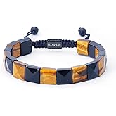 Protection Crystals Beaded Bracelets for Men, HASKARE Men Beads Bracelet Unique Gift Ideas, Real Stone Tiger Eye Obsidian Bracelet for Father Son Gifts Birthday Christmas, Handmade Drawstring Mens Jewelry
