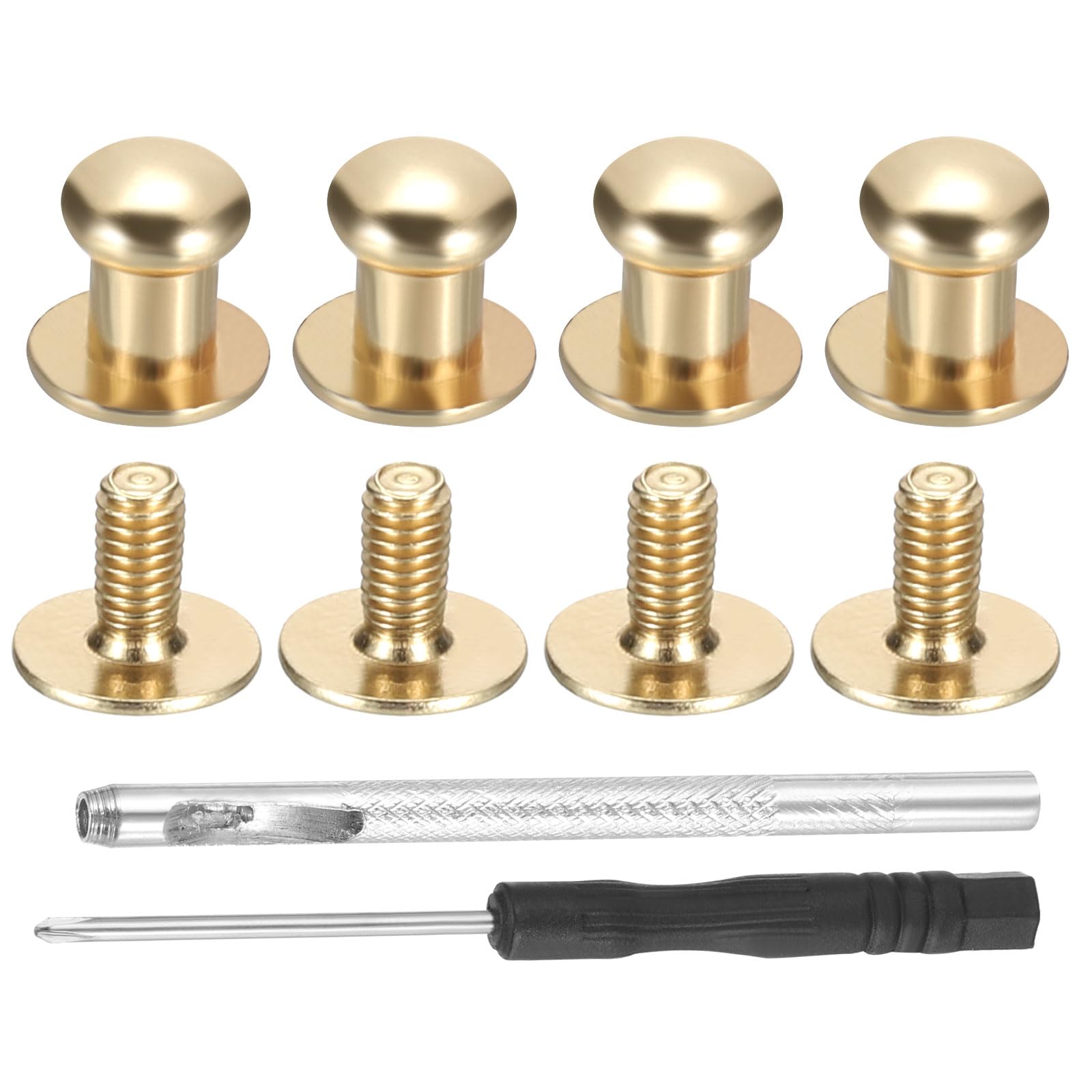 PATIKIL 8x7.5x6mm Spikes for Clothes, 30 Set Metal Button Spikes with Punch & Screwdriver Screw Kit Flat Head Rivets Screw DIY Leather Barrel Studs Hardware Trim Craft, Light Gold
