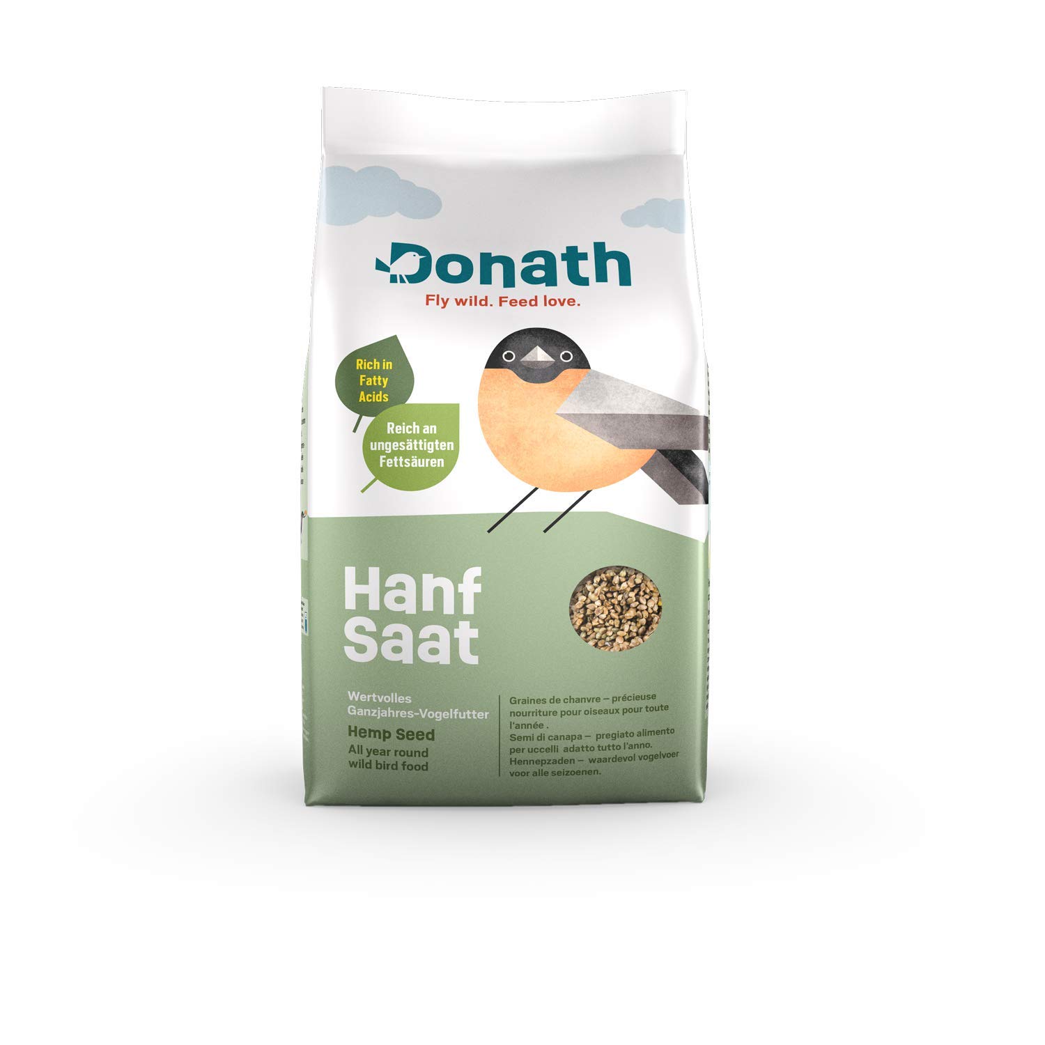 Donath Hempseed - hemp seeds are little packages of energy and goodness - with lots of nutritious fatty acids - nutritious all year round wild bird food - made by us in Southern Germany