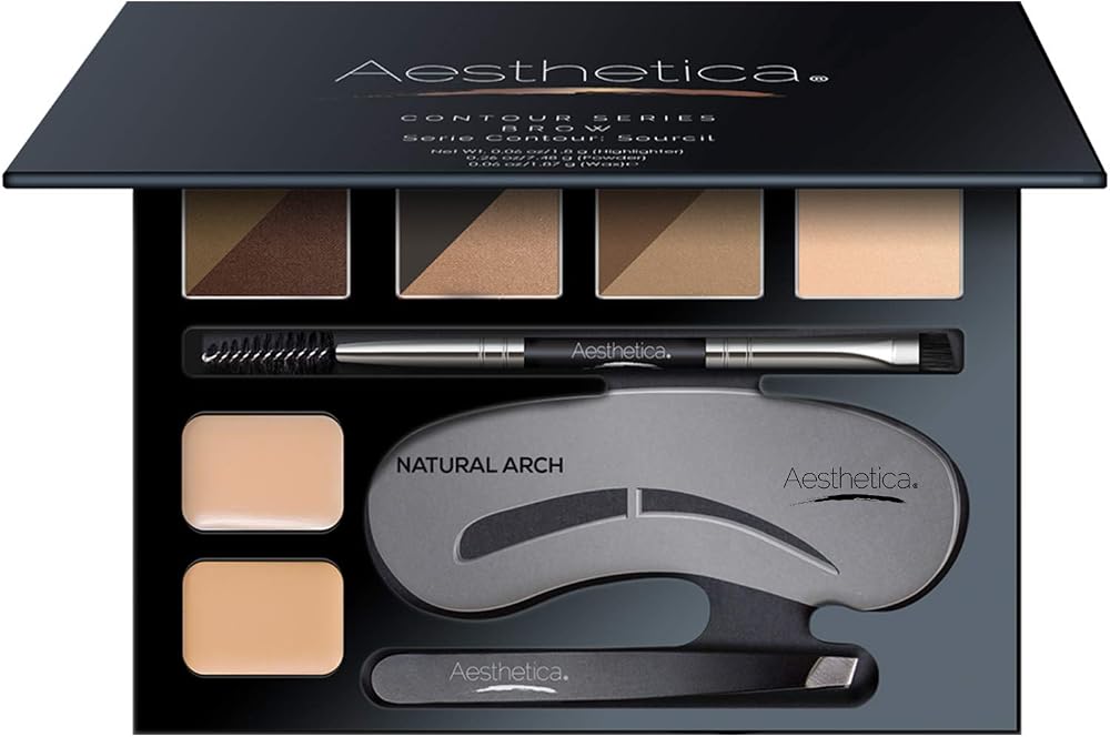 Aesthetica Brow Contour Kit 16-Piece Eyebrow Makeup Palette Set | 6 Eyebrow Powders, 5 Eyebrow Stencils, Spoolie/Brush Duo, T