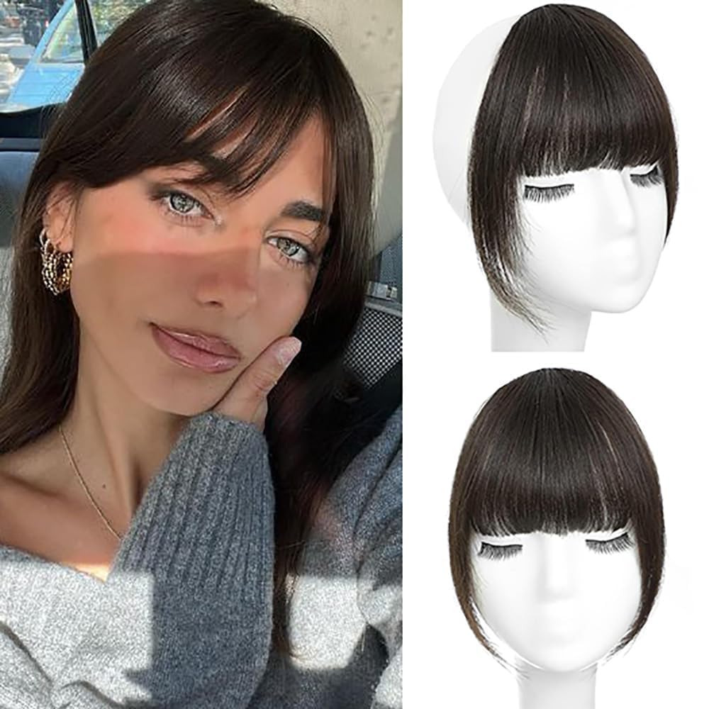 Photo 1 of MYMYDA Clip in Bangs 100% Real Human Hair Extensions Clip on Wispy Bangs for Women Fringe with Temples Hairpieces Natural Black