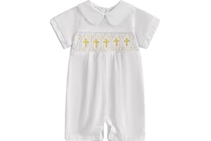 GINEVSAL Baby Boy Baptism Outfit Newborn Summer Overalls Cross Doll Collar Jumpsuit Romper Bodysuit Cute One Piece Clothes