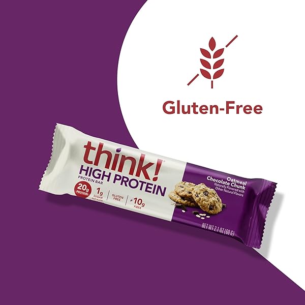 THINK! PROTEIN BARS, HIGH PROTEIN SNACKS, GLUTEN FREE, HIGH FIBER, OATMEAL CHOCOLATE CHUNK, 1 COUNT