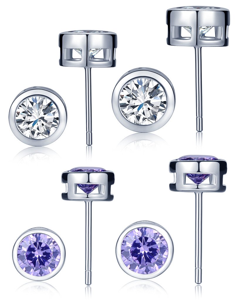 Yumilok Jewelry Women's Men's 4 Pairs 925 Sterling Silver Purple White Cubic Zirconia Round Studs Hypoallergenic Earring Set