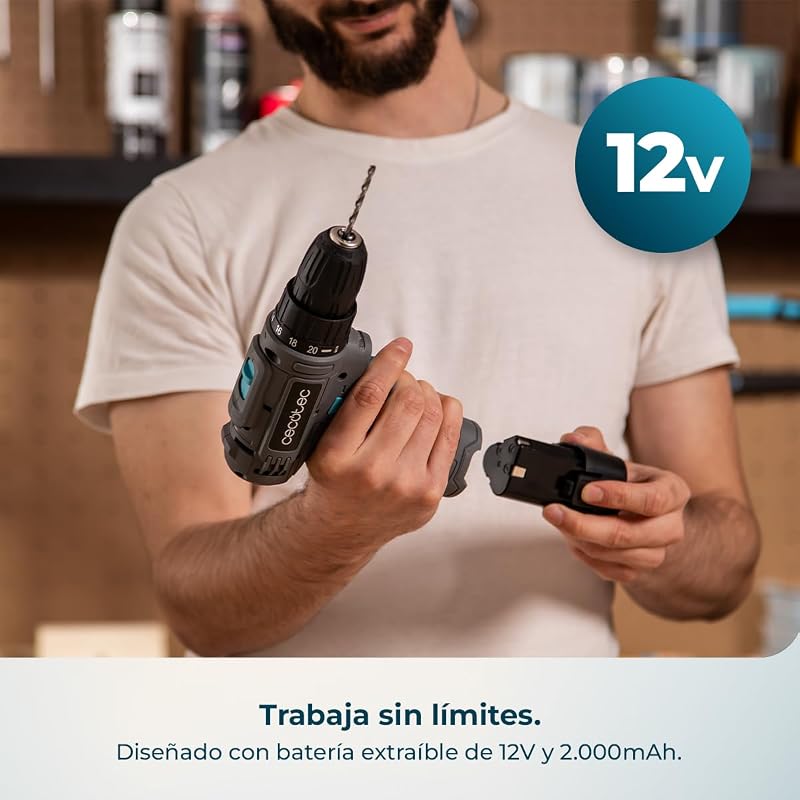 Taladro a Batería PowerForce 1000. 12V 2000mAh, 2 Velocidades 400/1400rpm, Par de Apriete 28Nm en 20 Niveles, Luz LED, Cambio de Broca sin Llave, Diseño Ergonómico, Incluye Puntas y Brocas