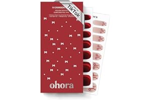 ohora Semi Cured Gel Nail Strips (N Crimson Bow) - Works with Any Lamps, Salon-Quality, Long Lasting, Easy to Apply & Remove - Includes 2 Prep Pads, Nail File & Wooden Stick
