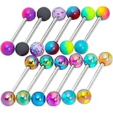 CrazyPiercing 12pcs Colorful Ball Tongue Rings, Stainless Steel Barbell Tongue Ring Retainer or Nipple Ring 14G Bar Length 16mm