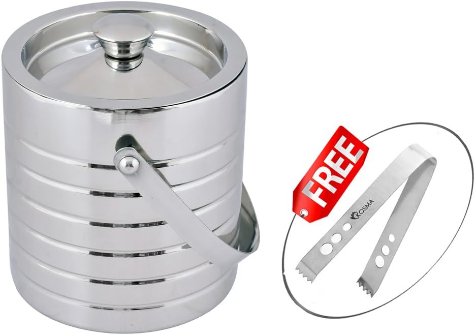 Kosma Stainless Steel Premium Ice Bucket Double Wall 1.5 Litre with"Free" Ice Tong | Ice Cube Bucket with Ribbed Effect