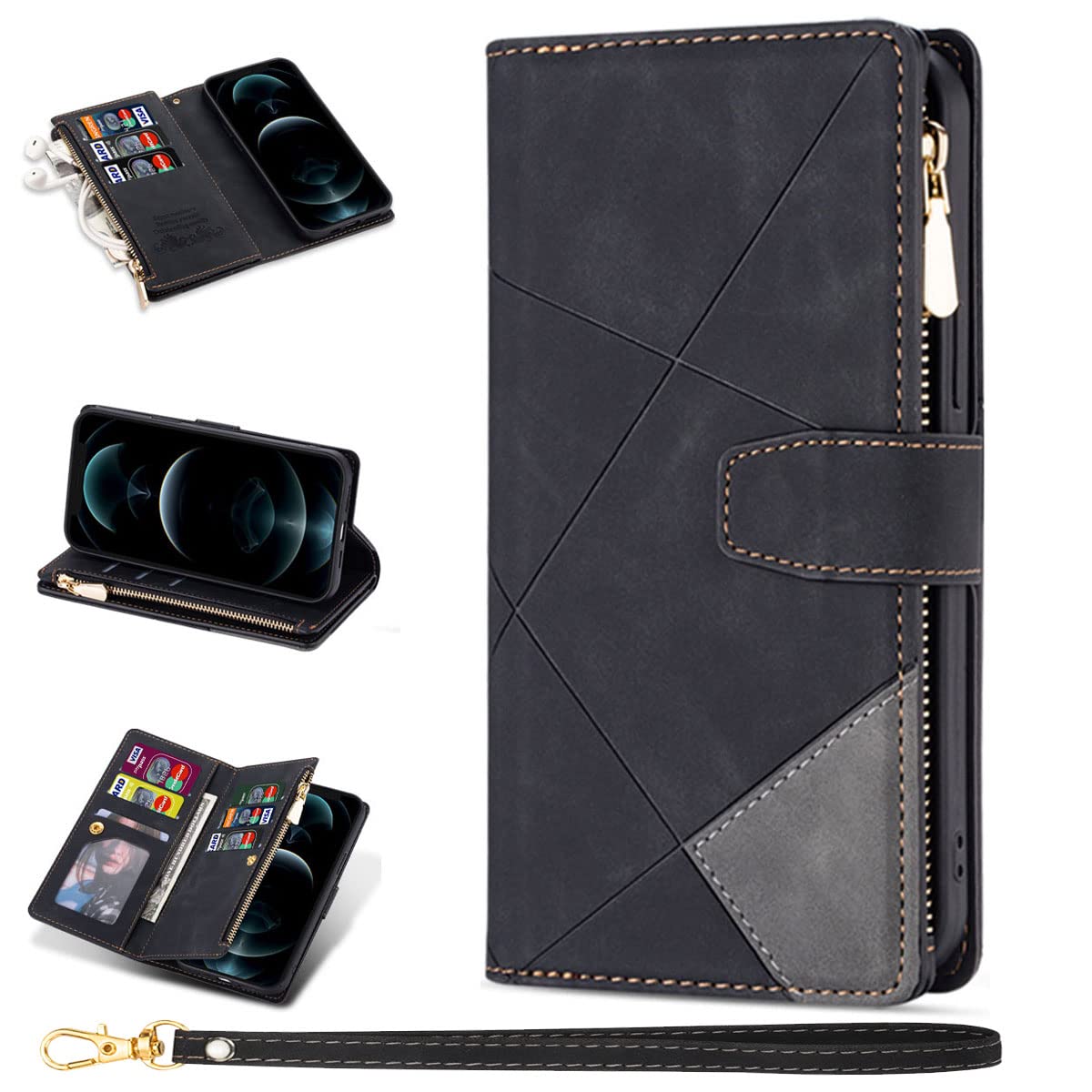 ZCDAYE Wallet Case for iPhone 13 Pro Case with 9 Card Slots Zipper Pocket Handbag Wristlet Folio Flip Cover for iPhone 13 Pro-Black