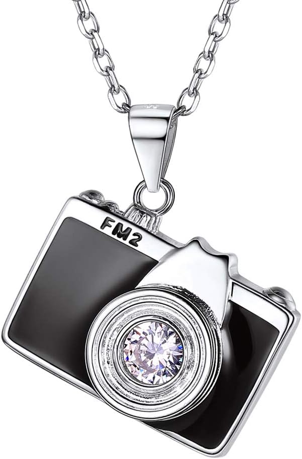 SILVERCUTE 925 Sterling Silver Camera Shape Pendant & Rolo Chain Necklace, Cubic Zirconia Enamel Jewelry Necklace, SCP6312B