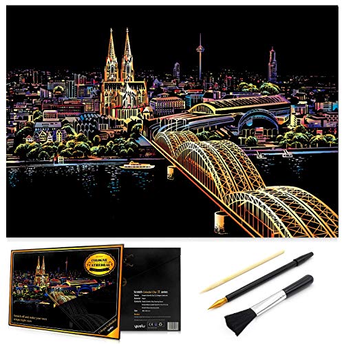 Ageqi Scratch Art Paper Rainbow Painting Sketch Pad for Adult and Kids, DIY Night View Scratchboard - 16'' x 11.2'' with 3 Tools (Cologne Cathedral) - Thumbnail 5