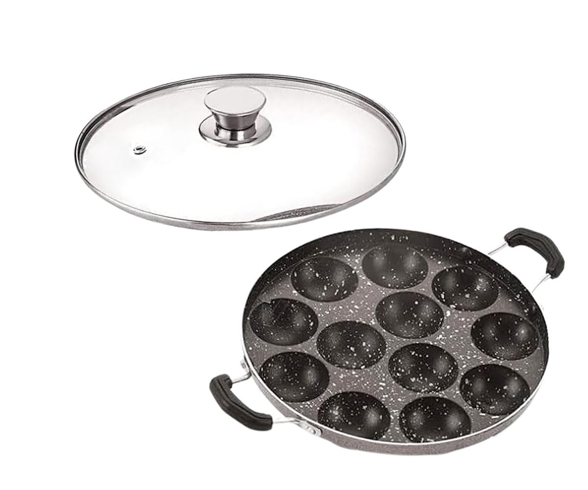 Aluminum Non Stick 12 Cavity Appam Pan,Appam Patra with Glass Lid and Side Handle- Color-Black (12 Cavities)