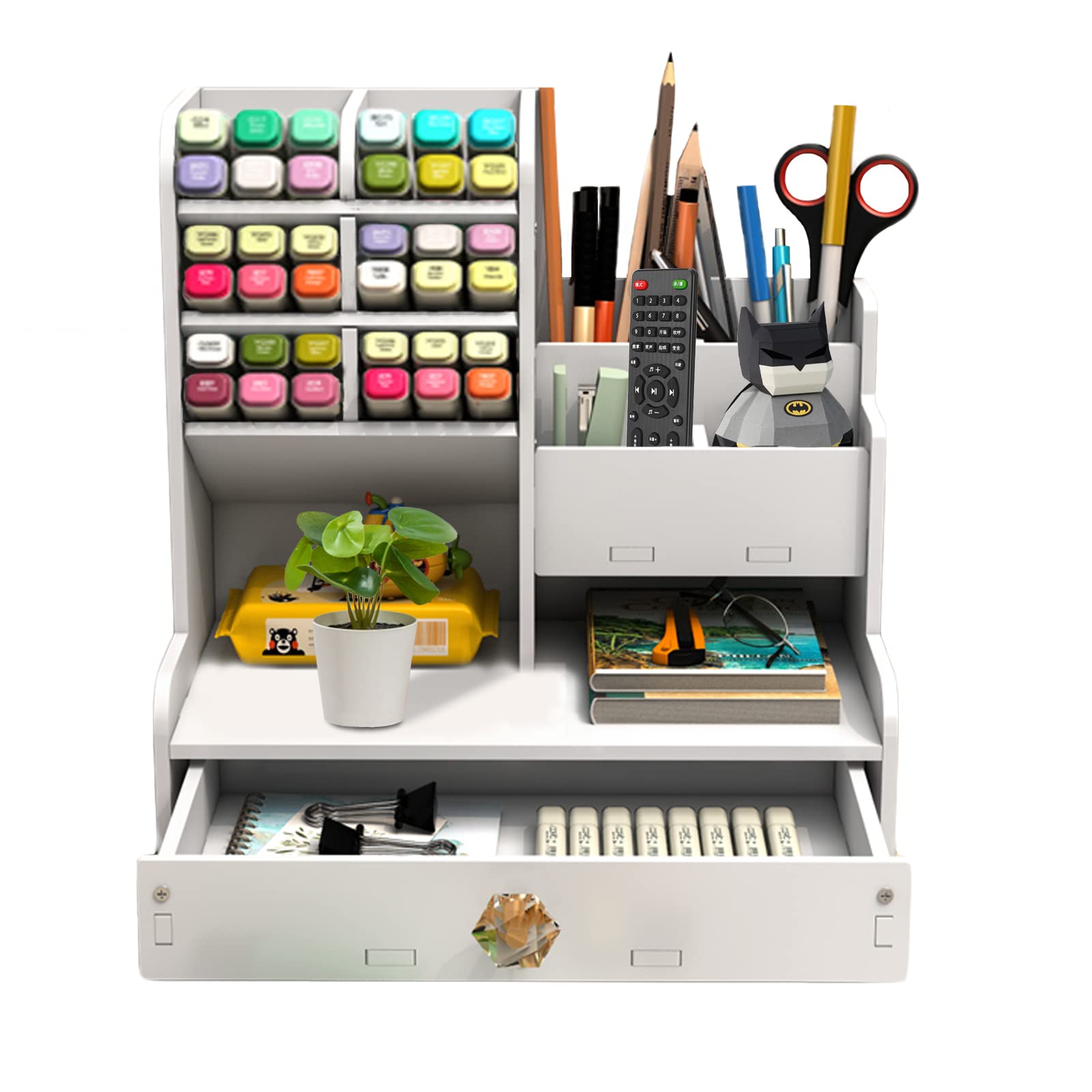 Wooden Desk Organiser, Plastic Plate, DIY Pen Holder, Large Capacity, Office Organiser, Pen Box, Desk Organiser with Drawer, for Home, Office and School (PB17)